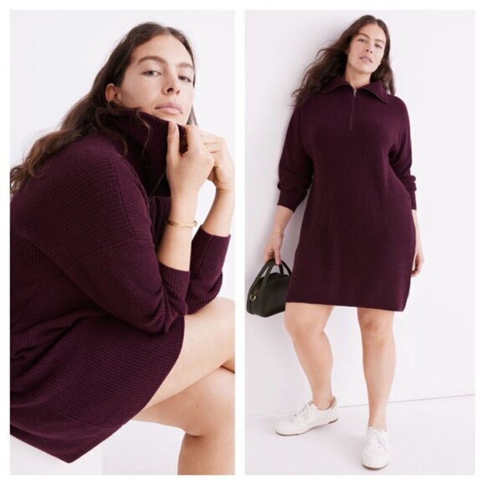 Madewell Ribbed Half-Zip Sweater Dress S Heather Maroon